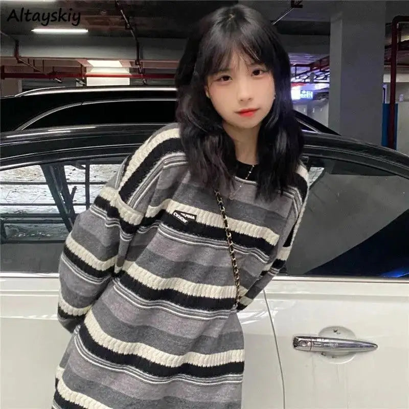 Advbridge Pullovers Women Striped Loose Teens Winter Sweater Streetwear Cool Unisex College Korean Fashion All-match Tender Casual Retro Ruffled Neck Pullover