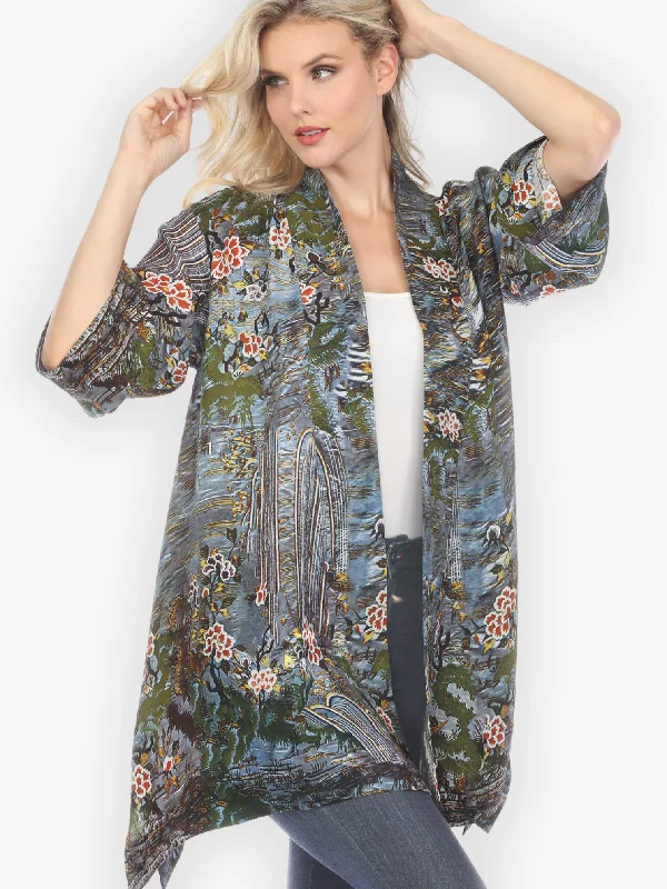 Waterfall and Flowers Silk Kimono Jacket Embroidered Jacket Appliqued Jacket Beaded Jacket