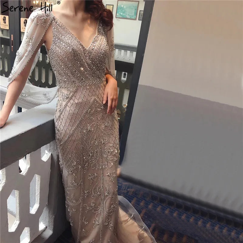 Dubai Grey Nude  Sexy Evening Dresses 2024 Crystal Sleeveless Shawl Yarn Formal Serene Hill LA70382 Trendy Oversized Shawl Cape