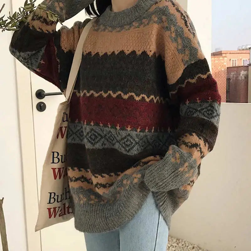 Advbridge Vintage Sweaters Women Pullover Winter Striped Jumpers Korean Style Loose Pullover Knitwear Casual Loose Sweater Pull Femme Notched Neck Pullover