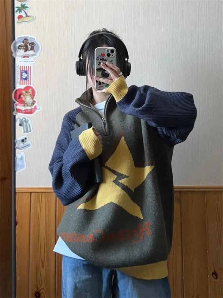 Advbridge Vintage Patchwork Women Sweaters Y2k Oversized Japanese Style Knitted Pullovers Retro Harajuku Aesthetic Zipper Jumpers Honey Neck Pullover