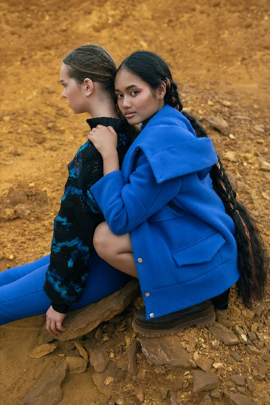 Oversized Blue Jacket with Hood Jersey Jacket Tulle Jacket Batik Jacket