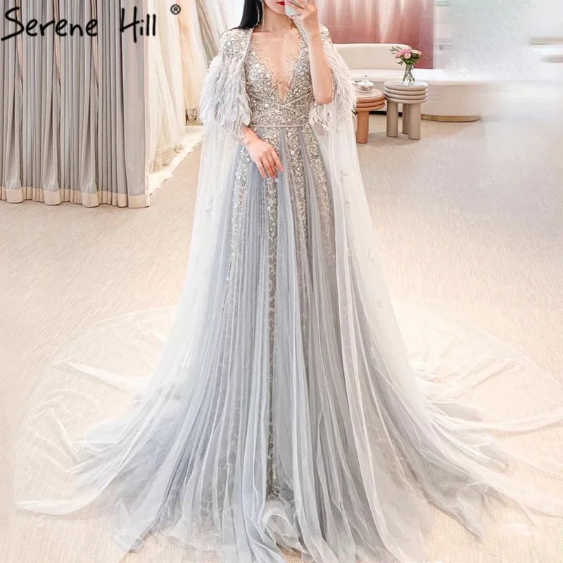 Serene Hill Luxury Dubai Grey Evening Formal Dresses with Feather Cape Shawl Gold Arabic Women Wedding Party Gowns Long LA70640 Fashionable Silk Shawl Wrap