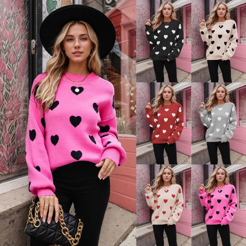 Wholesale Valentine's Day Love Heart Pullover Women's Knitted Sweater Women's Large Size Loose Sweater Slouchy Comfort Pullover