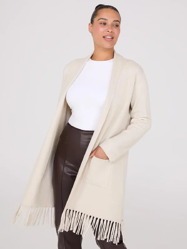 Shawl Collar Duster With Fringe Hem Soft Cashmere Shawl Cape