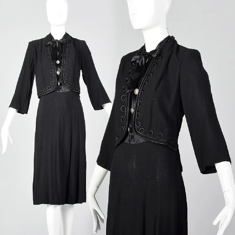 1930s Black Dress with Illusion Jacket Boat Neck Shawl Collar Notched Collar