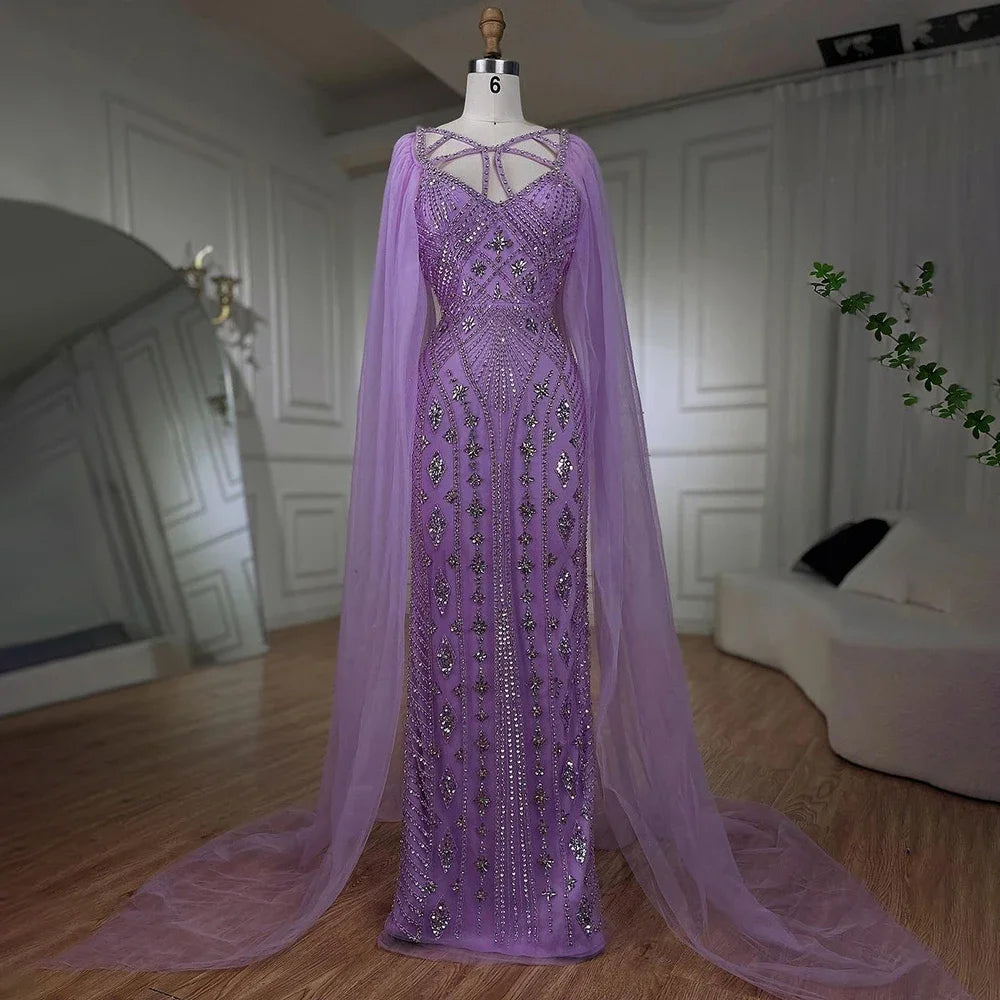 Serene Hill Arabic Luxury Dubai Mermaid Elegant Lilac Shawl Yarn Beaded Evening Dresses Gowns 2024 For Women Party LA72186 Warm Wool Shawl Cape