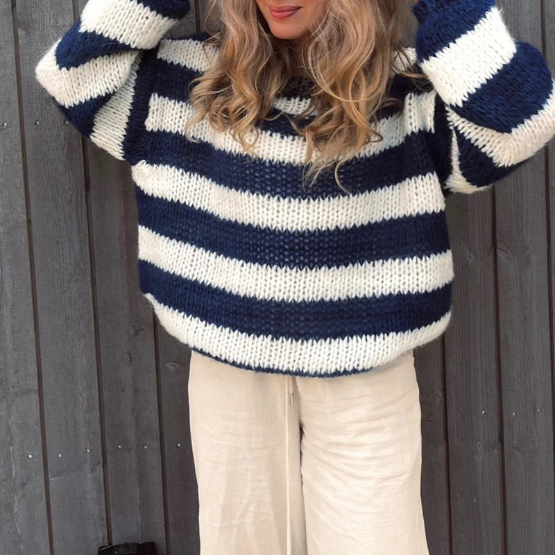 Advbridge Striped Loose Fit Knitted Pullovers Women Autumn Spring Fashion Long Sleeve Knitwear Vintage Grunge Y2K Sweater Preppy Clothes One Shoulder Top