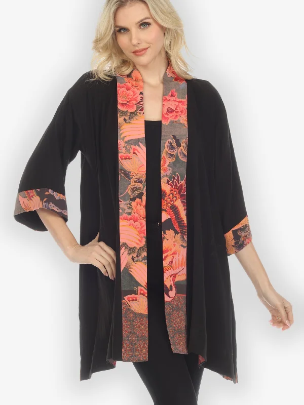 Solid Rayon Black Silk Contrast Kimono Jacket Hooded Jacket Caped Jacket Shawl Collar Jacket