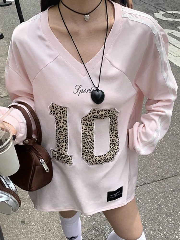 Advbridge Y2k Leopard Print Pink Sweatshirts Women Vintage Oversized Jersey Tops Sports Pullovers Streetwear Harajuku Aesthetic Over Sleeve Pullover