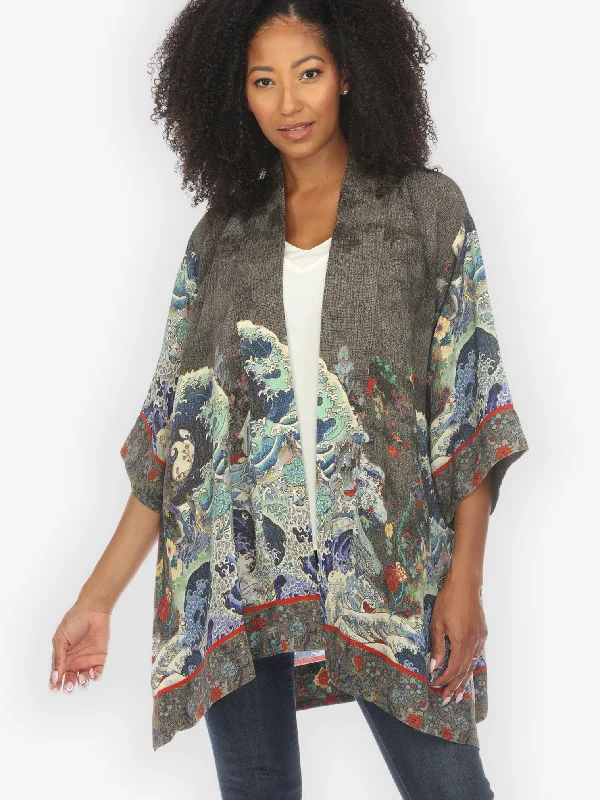 Waves Art in Dark Gray Silk Kimono Jacket Fleece Jacket Down Jacket Parka