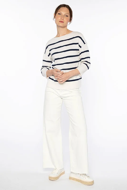 Ivory Navy Stripe Rib Yoke Cashmere Pullover Flare Sleeve Stylish