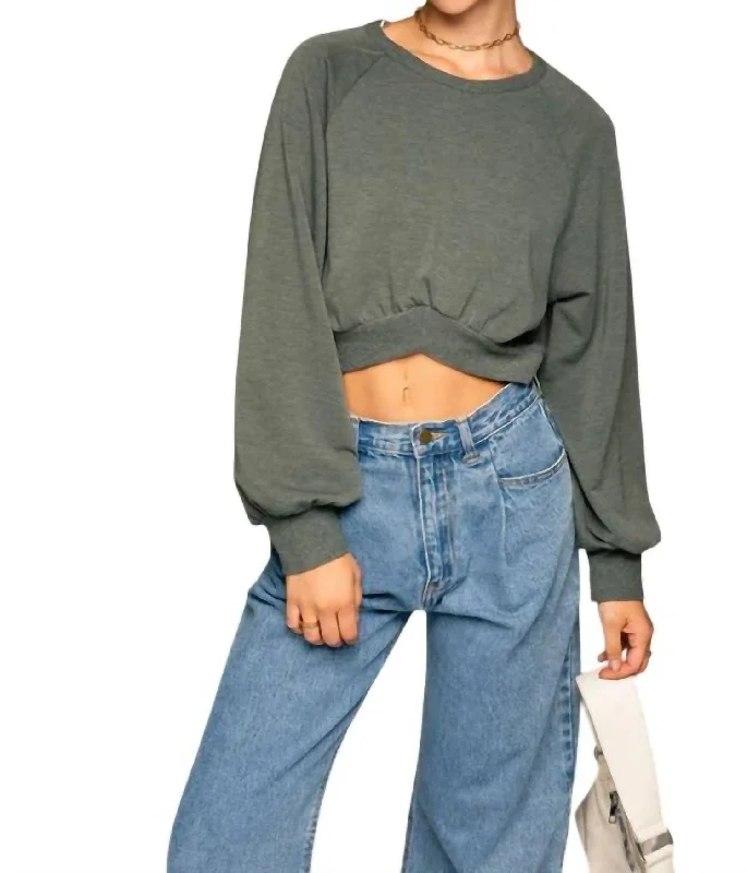 Long Sleeve Cropped Pullover In Grey Bell Sleeve Stylish