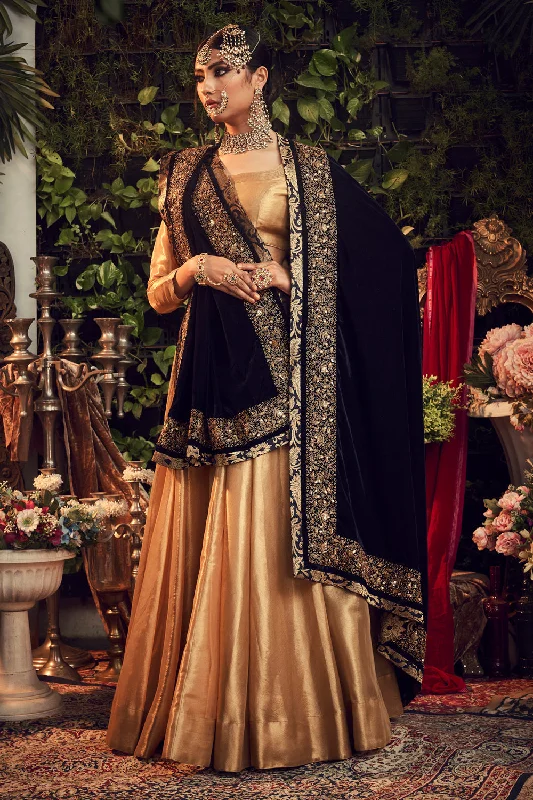 Oxidised Gold Lengha Set With Velvet Dupatta Shawl Soft Faux Fur Shawl