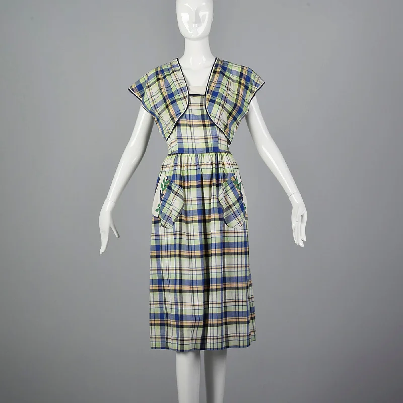 1950s Plaid Dress and Jacket with Patch Pockets Boat Neck Shawl Collar Notched Collar