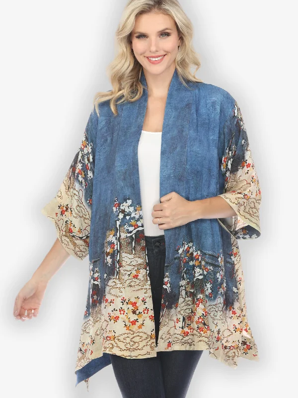 Edo Art Indigo Silk Blend Kimono Jacket Mesh Jacket Canvas Jacket Denim Jacket