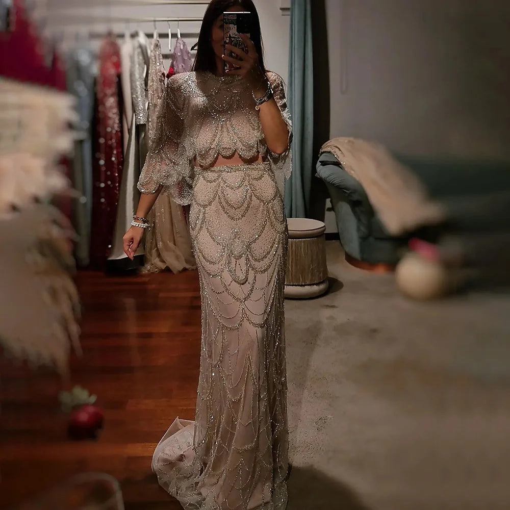 Serene Hill 2024 White Nude Mermaid Beaded Luxury Evening Dress with Shawl for Formal Occasion Saudi LA72462 Soft Cashmere Shawl Wrap