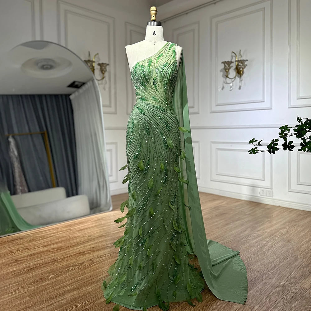 Serene Hill 2024 Arabic Green One Shoulder Beaded Feathers Luxury Evening Gowns with Side Cape Shawl for Women's Party LA72698 Comfortable Embroidered Shawl