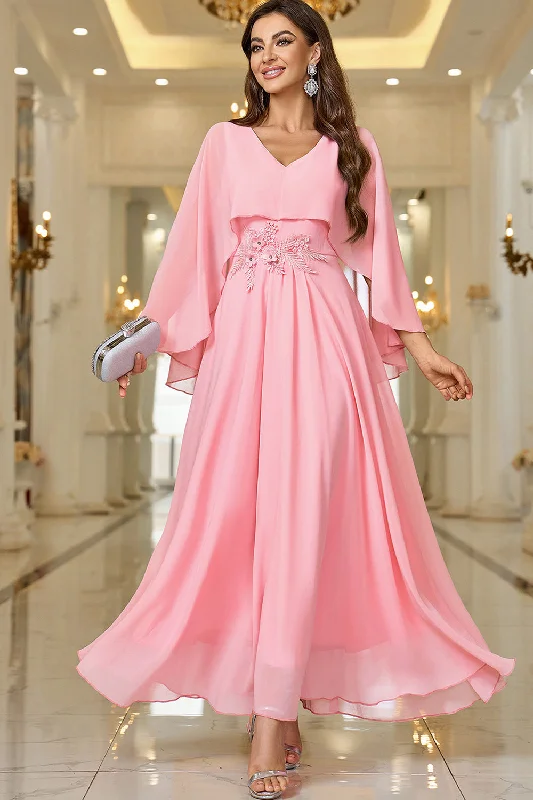 Elegant Pink A Line V Neck Shawl Sleeve Long Formal Dress Chic Chunky Knit Shawl