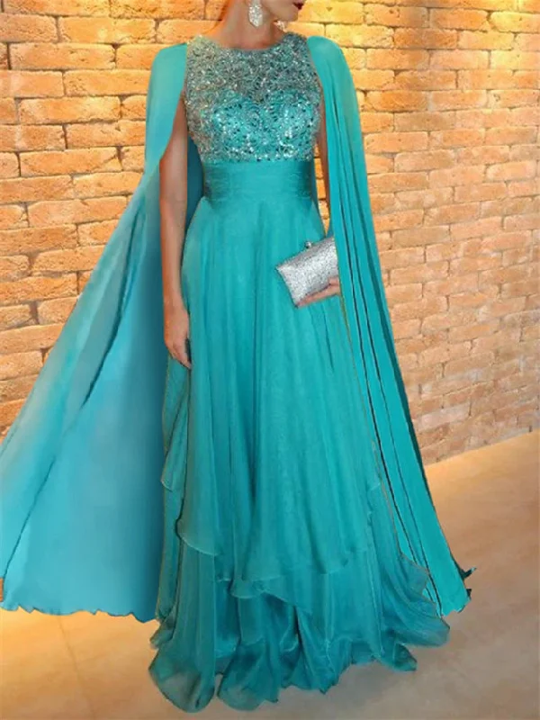 A-Line/Princess Jewel Neck Floor-Length Evening Dresses Appliques Shawl Soft Knit Shawl Poncho