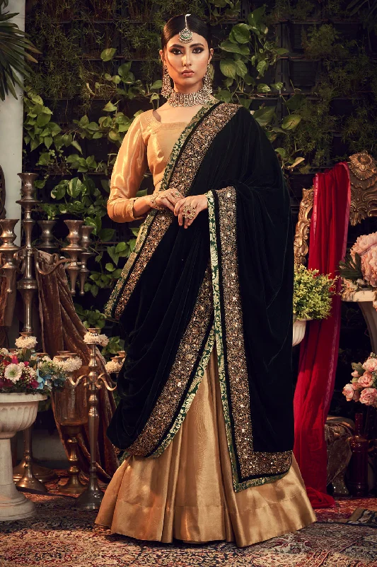 Oxidised Gold Lengha Set With Velvet Dupatta Shawl Warm Cashmere Shawl Wrap