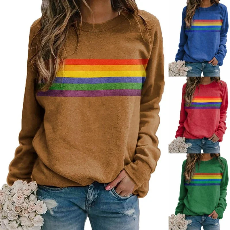 Wholesale Cotton Color Striped Printed Round Neck Pullover Long Sleeves Asymmetrical Neck Pullover