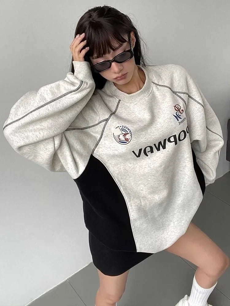 Advbridge Vintage Letter Print Sweatshirts Women Y2k Oversized Graphic Pullovers Hip Hop Style Female Hoodies Korean Streetwear Cowl Neck Pullover