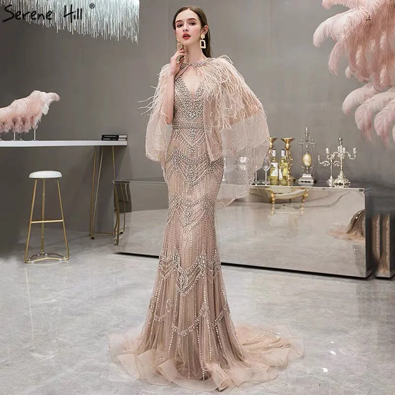 Luxury Nude V-Neck Mermaid Evening Dresses 2024 Sleeveless Shawl Yarn Feathers Sexy Formal Dress Serene Hill LA70171 Trendy Long Knit Shawl