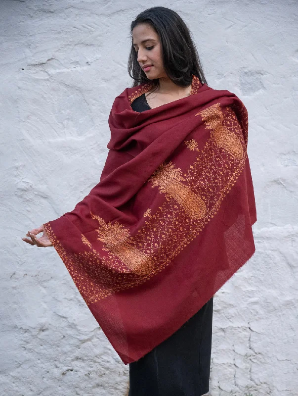 Exclusive, Fine Hand Embroidered Kashmiri Shawl - Dark Red Ornate Cozy Knit Shawl Scarf