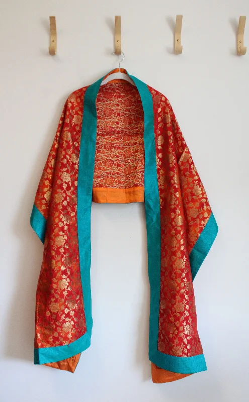 Red & Gold Floral Blue Edged Shawl Warm Woolen Shawl Wrap