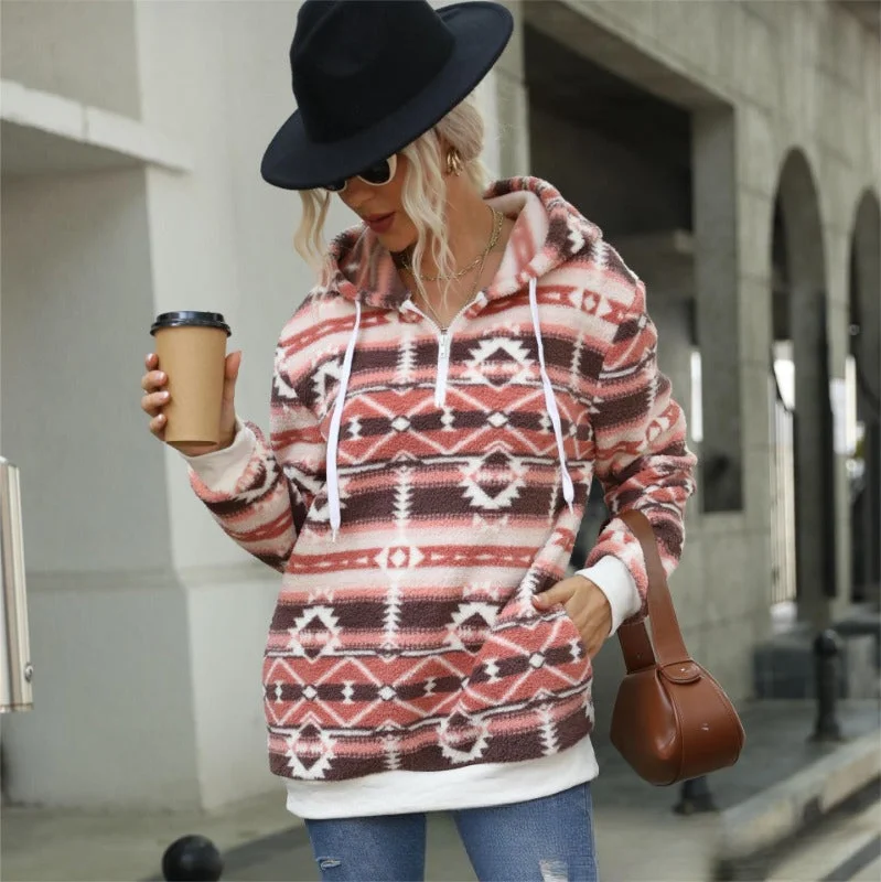 Wholesale Autumn and Winter Women's Aztec Hooded Half-Zip Pullover Sweatshirt Fitted Ribbed Sweater