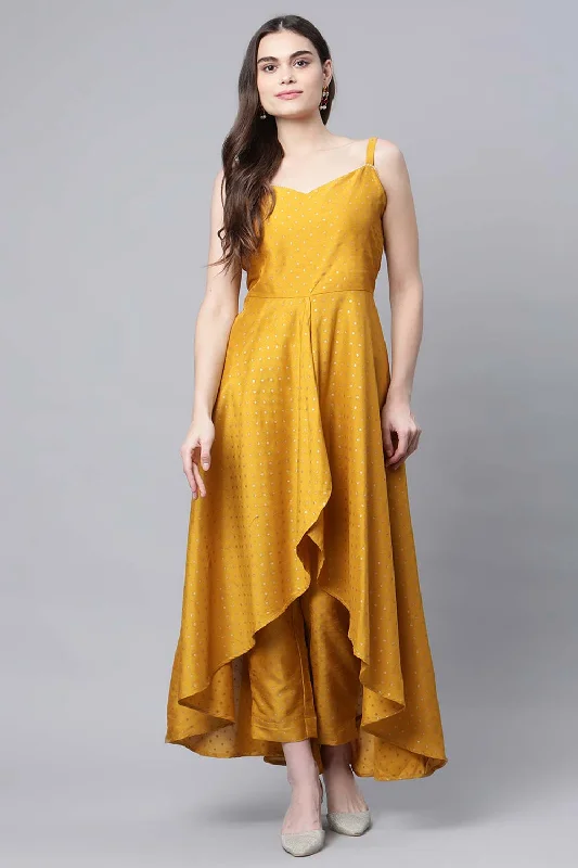 Mustard Poly Silk Gold-Toned Printed Kurta With Trousers Trousers stylish modern