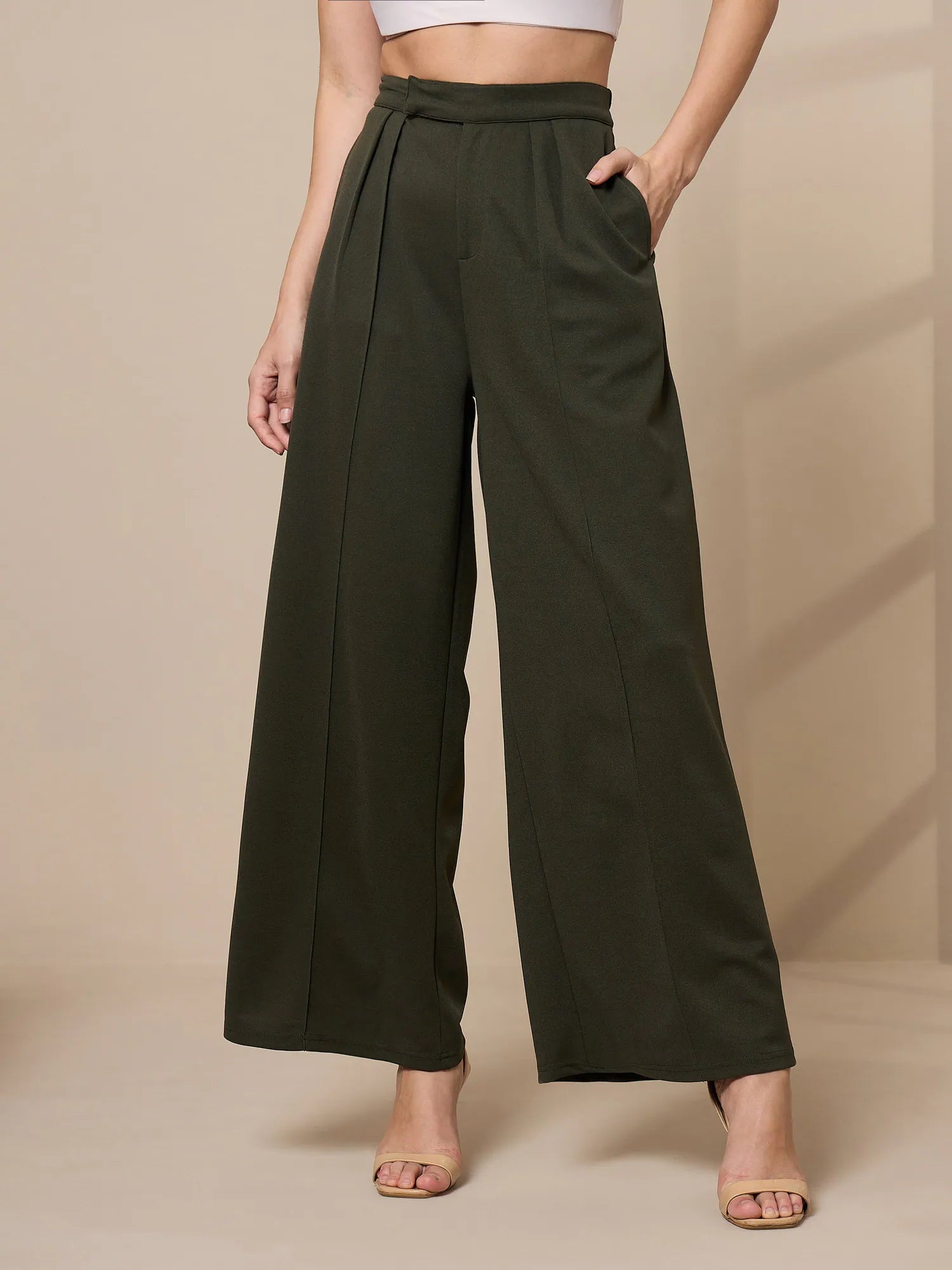 Women Olive Pleated Wide Leg Trousers-SFPANT50909 Trousers Seasonal Trendy