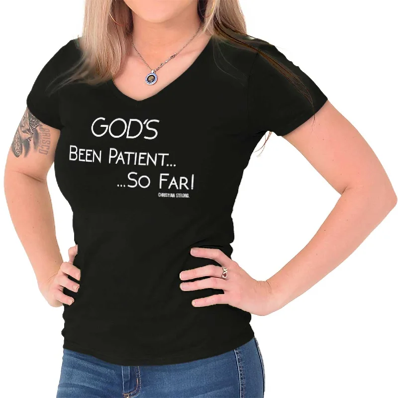 Christian Strong - God's Been Patient Printed - Junior Fitted V-Neck T-Shirt Modern Contemporary Chic