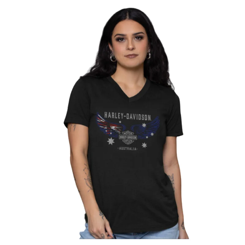 Gasoline Alley Harley-Davidson® Women's Dealer Tee - Flag Wings Chenille Fabric Brocade Fabric Lace Fabric