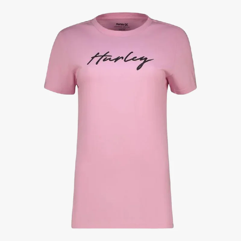 Hurley Womens Script Short Sleeve Tee Fondant Pink Ribbed Striped Patterned