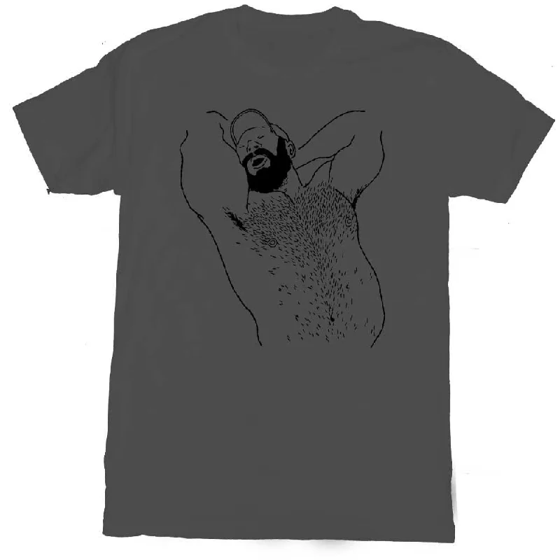 Kinky Needles Arms Up Bearded Bear Black Print T-Shirt Welt Pockets Slit Pockets