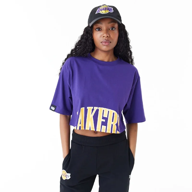 LA Lakers Womens NBA Team Wordmark Purple Crop T-Shirt Rayon Fabric Velvet Fabric Corduroy Fabric