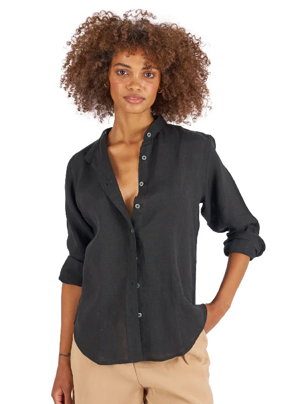 Lotus Black Classic Linen Shirt with Mandarin Collar Cozy Warm Stylish