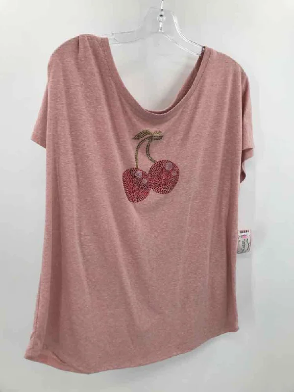 Pre-Owned Next Level Pink Size XL Cherry Rhinestone T-shirt Zippered Buttoned Snapped