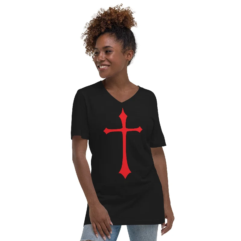 Red Gothic Medeival Holy Cross Women’s Short Sleeve V-Neck T-Shirt Houndstooth Herringbone Solid