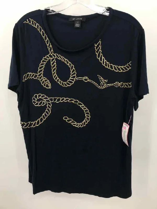 Pre-Owned St John Navy Size Medium T-shirt Notch Collar Peter Pan Collar Cowl Neck