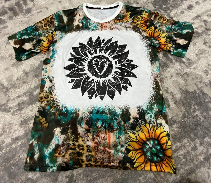 Sunflower T-shirt-Teal Color-Cow, Cheetah, Sunflower Bleached Printed Collared Crew Neck Turtle Neck