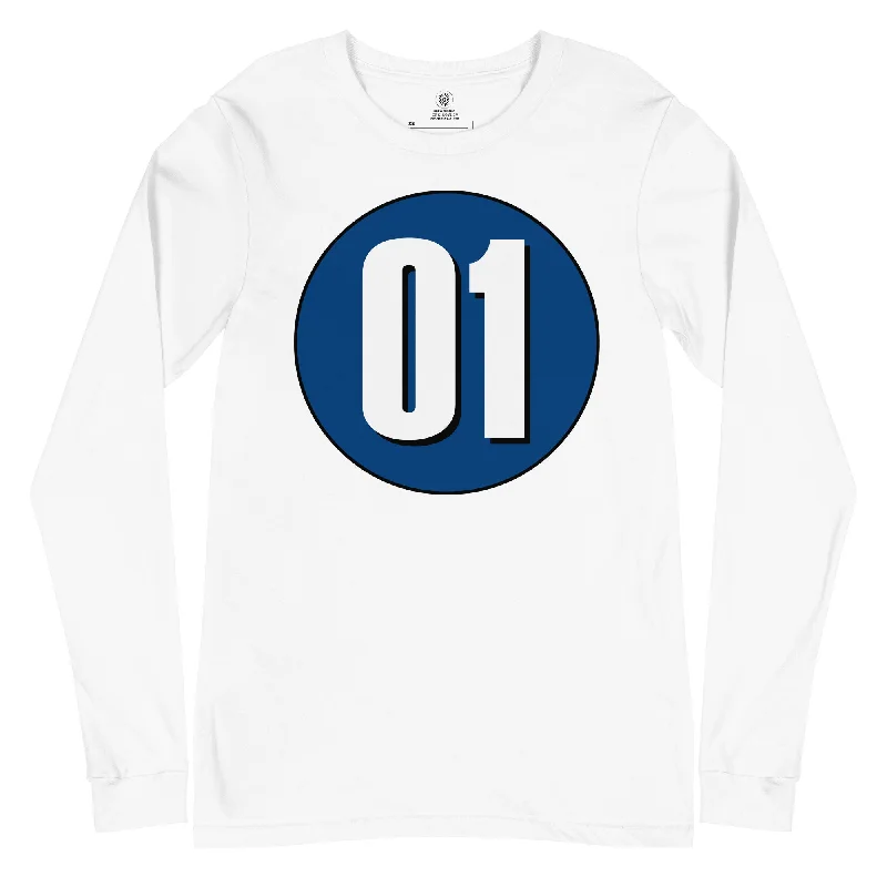 Unisex Long Sleeve Tee: White on Navy Blue 01 Mesh Blend Leather Blend Suede Blend