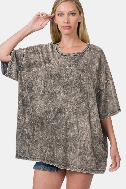 Washed Round Neck Drop Shoulder Oversized T-Shirt Fleece Fabric Down Fabric Feather Fabric