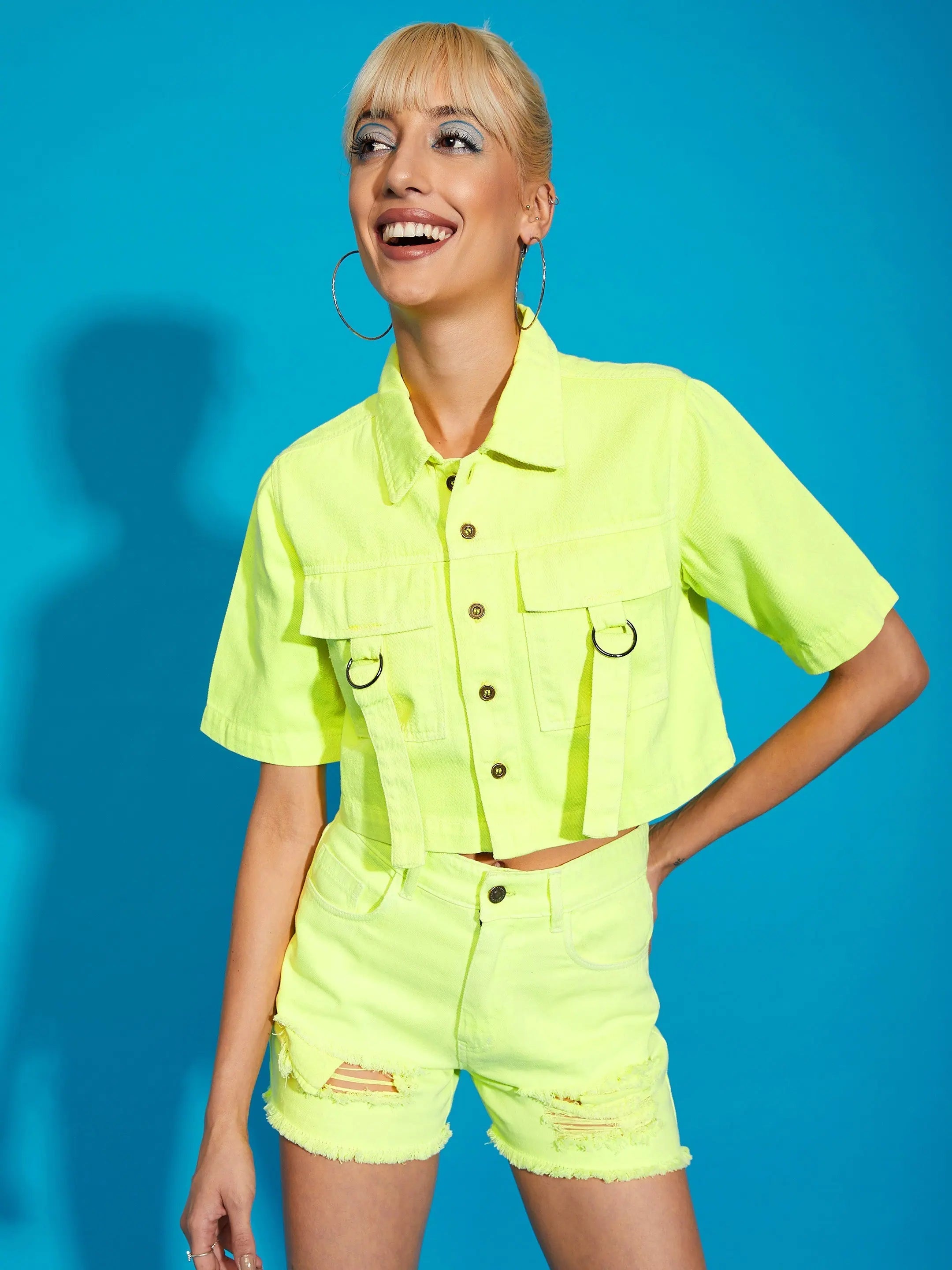 Women Neon Yellow Denim Front Pocket Crop Shirt Spandex Blend Rayon Blend Denim Blend