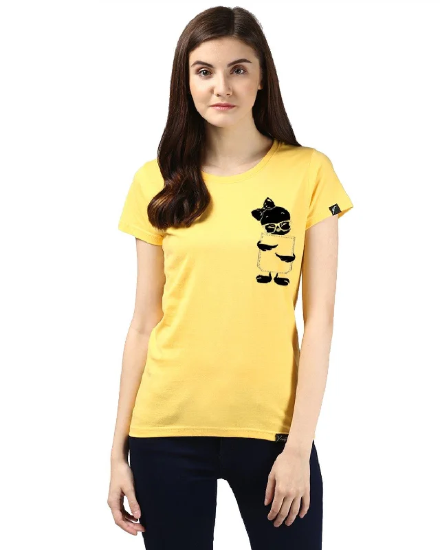 Womens Half Sleeve Tweety Printed Yellow Color Tshirts Collared Crew Neck Turtle Neck